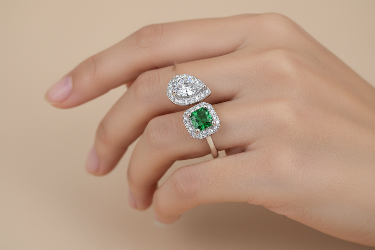 Genuine Silver-tone Adjustable Ring Green Crystal-look Crystal New Creative Oval Cut