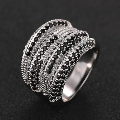 Silver-tone Multi Layers Sparkling White/Black Crystal-look Rings Wedding for Women