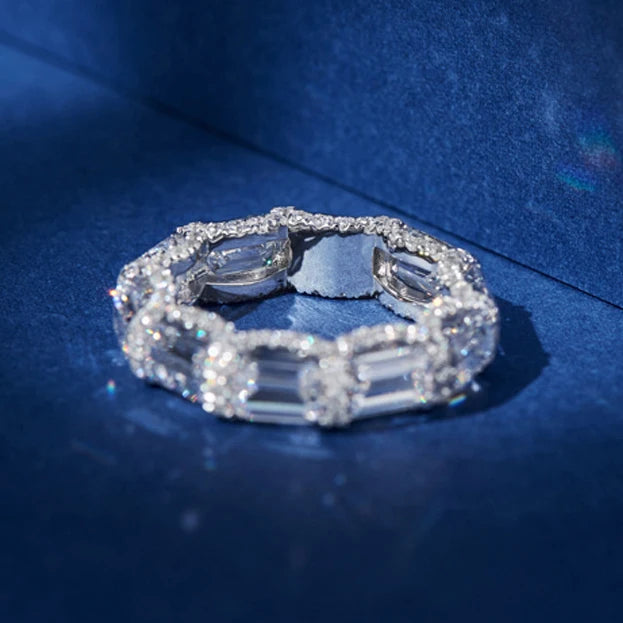 Princess Cut Sparkling Silver-tone Crystal Crystal-look Eternity Band Rings for Women