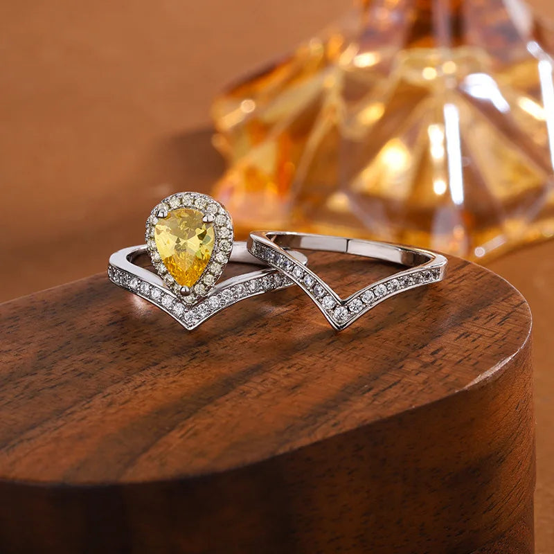 High-End Fashionable Teardrop Ring Set Full ZC V-Shaped with Platinum Plating