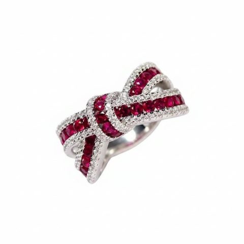 Silver-tone Bowknot Design Red Blue Crystal-look Ring Women for Party
