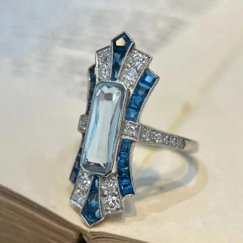 Design Rectangle Shiny Blue Crystal Crystal-look Silver-tone Rings for Women