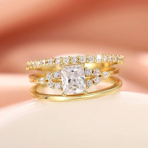 3Pcs Sets Couple Rings Luxury Gold-tone Square Design Shiny Crystal-look