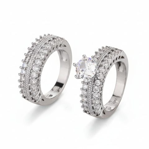 Platinum Plated Two-piece Ring with CZ for Wedding Gift