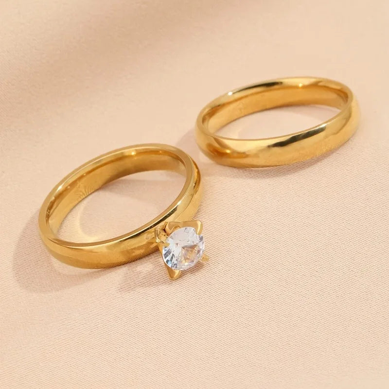 Four Claw Crystal-look Smooth Ring Gold-color Plated Two-piece