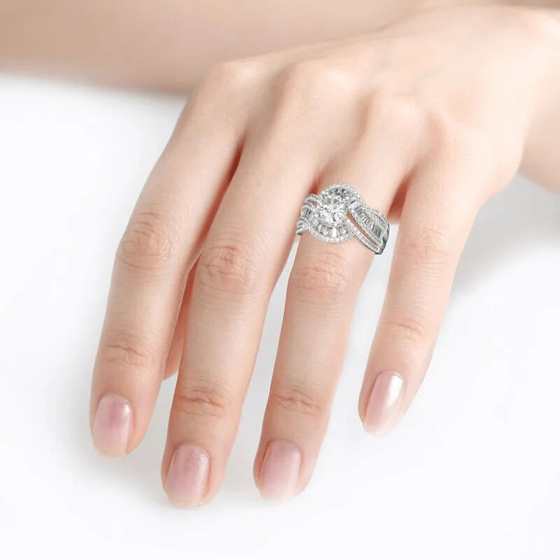 Silver-tone Twist Design Brilliant Round Crystal-look Rings for Women Wedding Engagement
