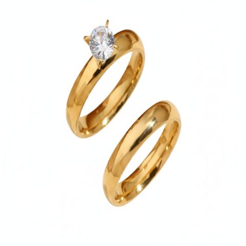 Four Claw Crystal-look Smooth Ring Gold-color Plated Two-piece