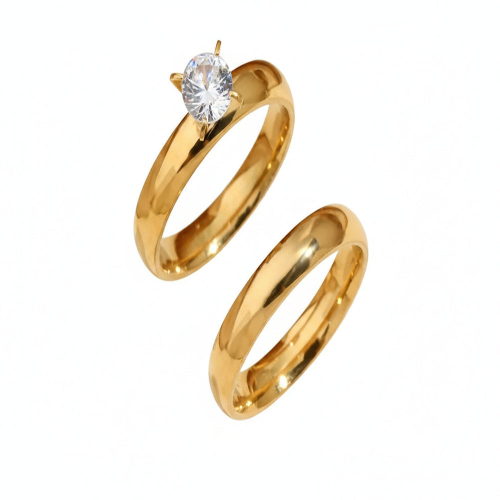 Four Claw Crystal-look Smooth Ring Gold-color Plated Two-piece