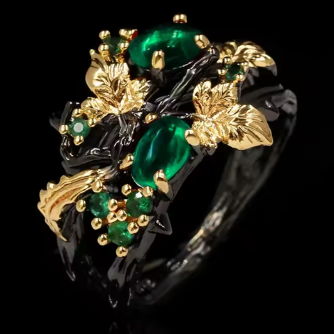 Exquisite Leaf Flower Shape Black and Green Crystal-look Ring with Antique Gold Plating