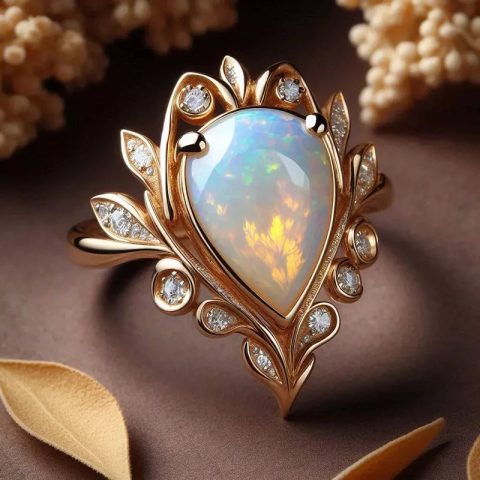 Champagne Gold-tone Crystal-look Rings Marquise Cut Pear Shaped Opal-look Rings for Women Wedding