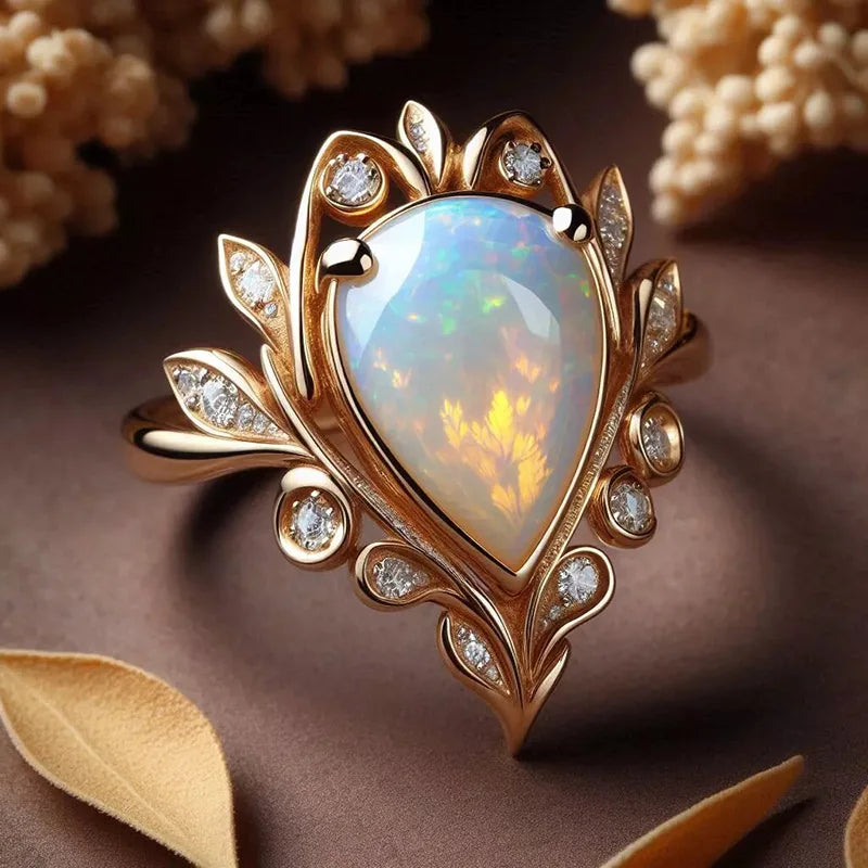 Champagne Gold-tone Crystal-look Rings Marquise Cut Pear Shaped Opal-look Rings for Women Wedding