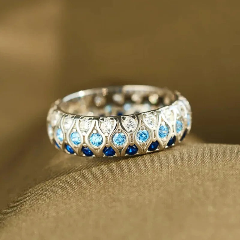 Circle Design White/Blue/Sea Blue Shiny Crystal-look Eternity Band Rings for Bridal Wedding Silver-tone
