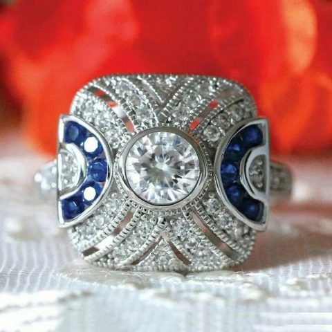 Geometric Square Design Round Crystal-look Rings for Engagement Wedding Silver-tone Rings Jewelry for Women