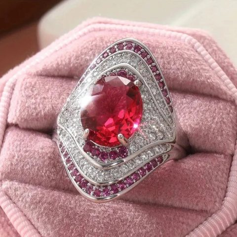 Silver-tone Exquisite Oval Shaped Design Red/Pink Brilliant Crystal-look Wide Rings