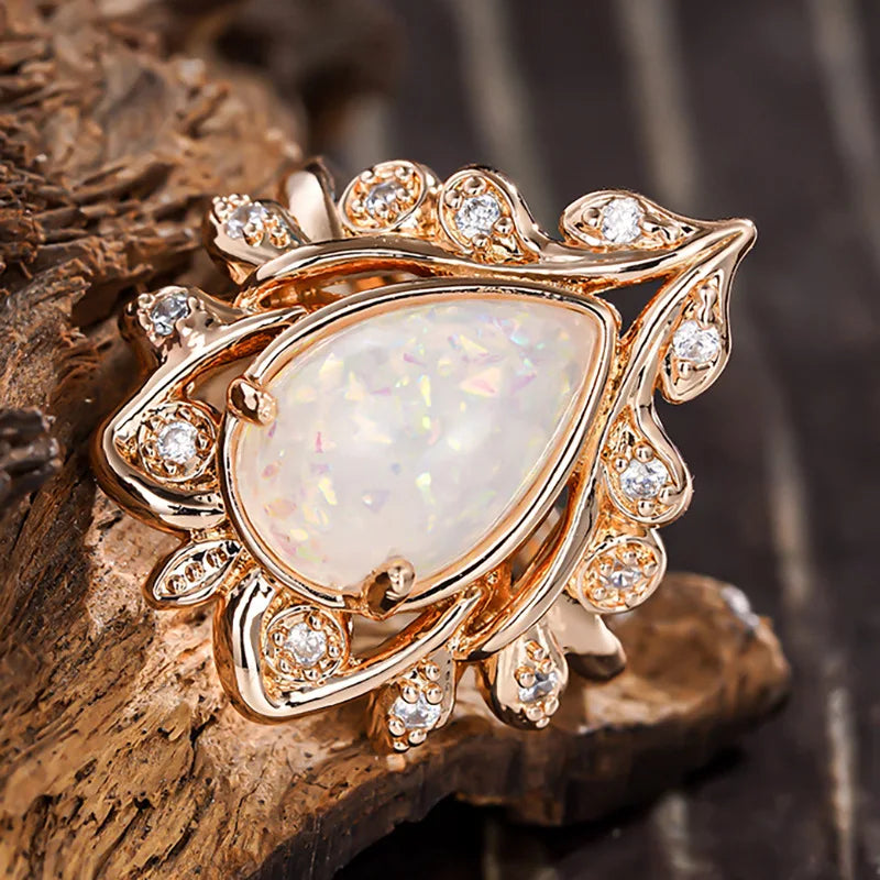 Champagne Gold-tone Crystal-look Rings Marquise Cut Pear Shaped Opal-look Rings for Women Wedding