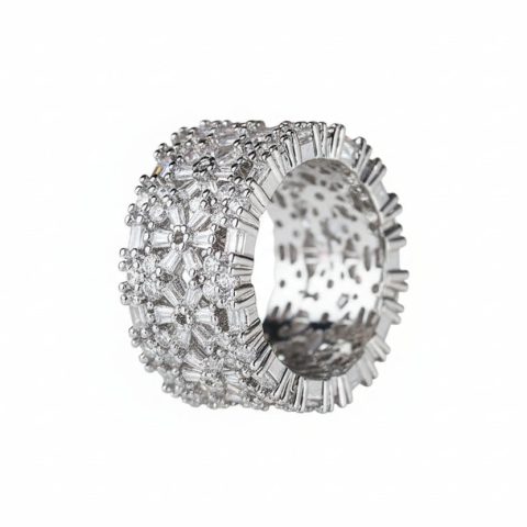 Platinum Plated Flower CZ Wide Band for Women