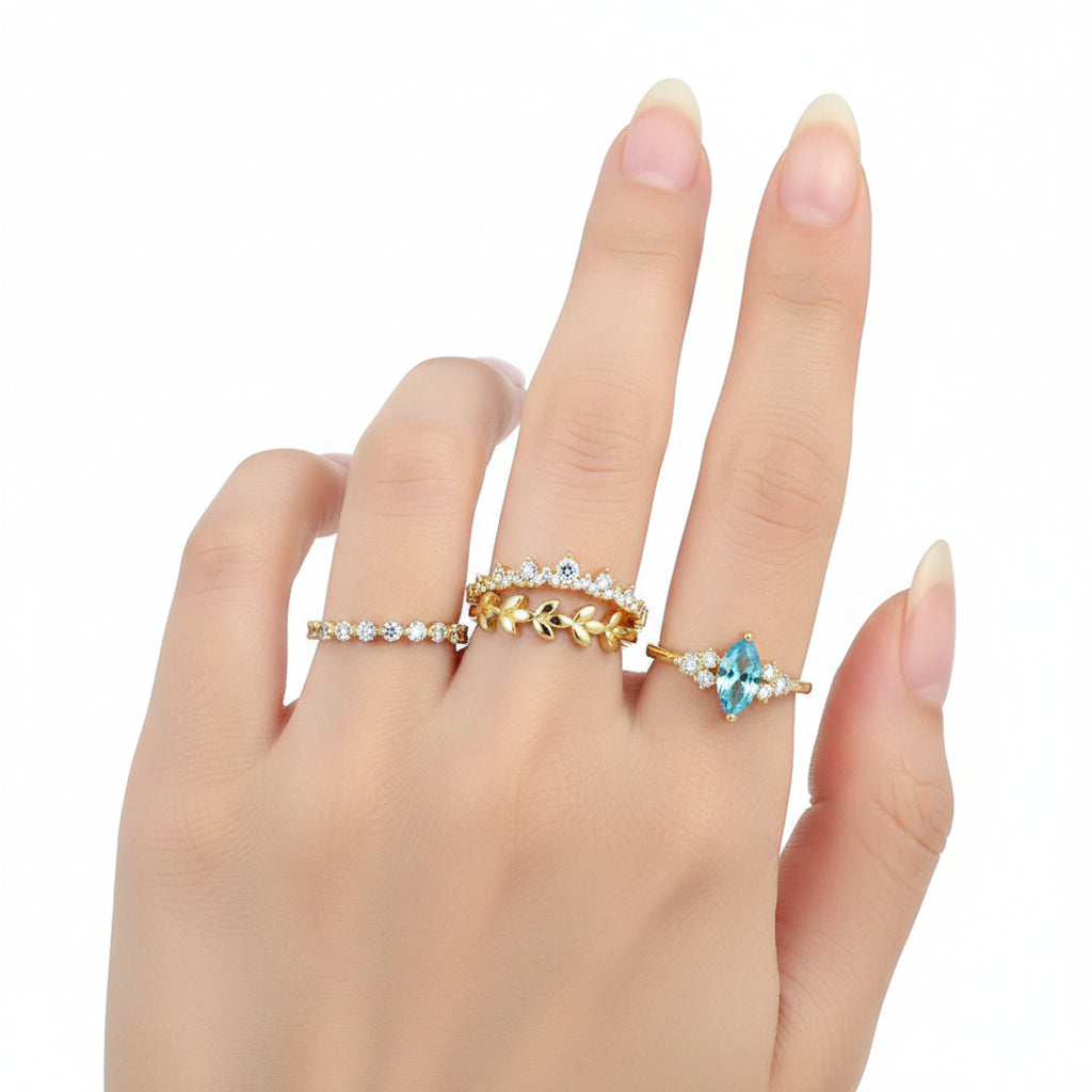 4Pcs Set Blue Crystal Crystal-look Gold-tone Rings