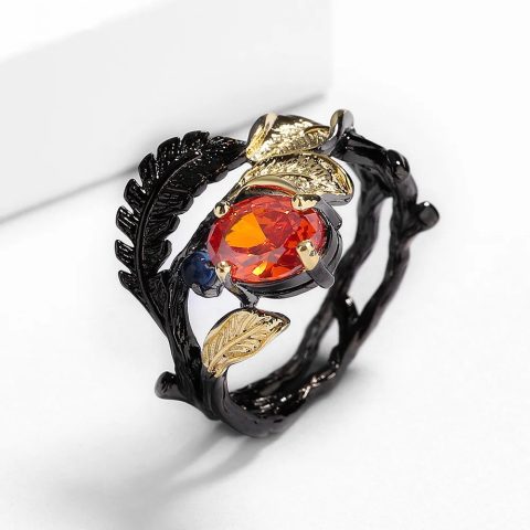 Vintage Antique Black Gold Red Crystal-look Ring for Women Rhodium Plated
