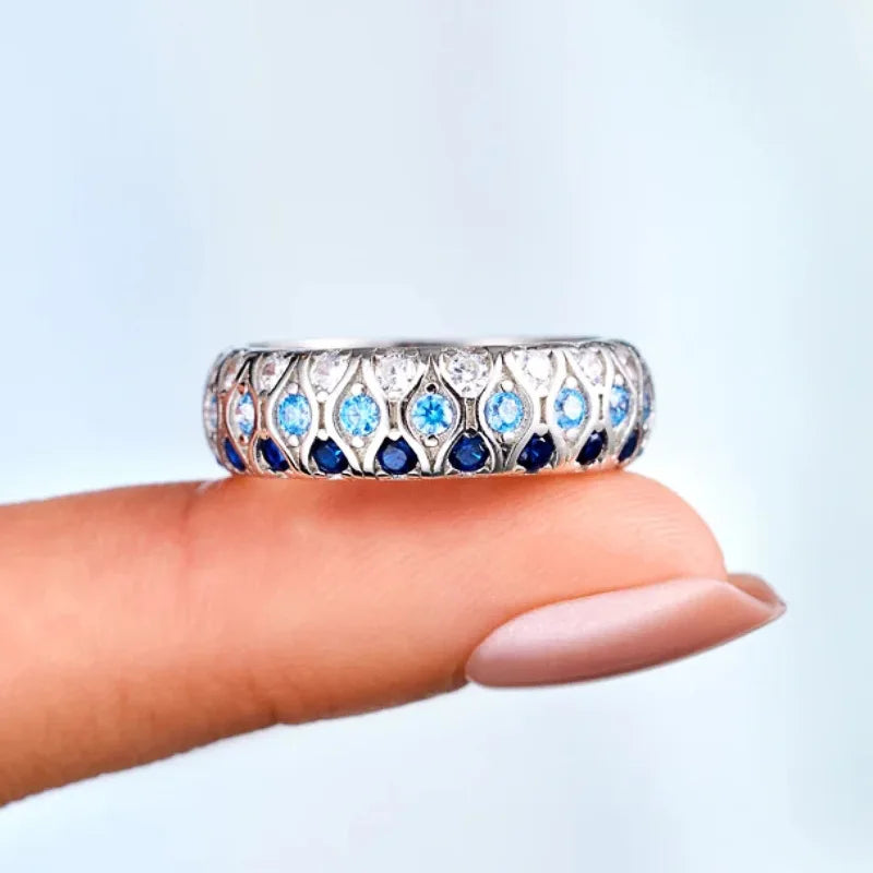 Circle Design White/Blue/Sea Blue Shiny Crystal-look Eternity Band Rings for Bridal Wedding Silver-tone