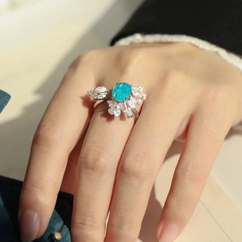 Paraiba Resizable Platinum Plated Wedding Engagement Crystal-look Rings for Women