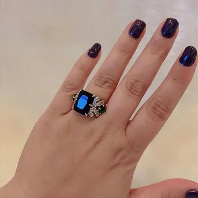 Silver-tone Blue Crystal Crystal-look Vintage Style Cushion Cut Sparkling Rings for Women