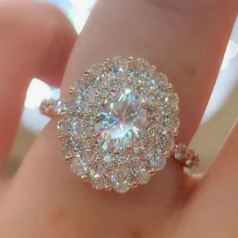 Women Fashionable Oval 3A Crystal-look Rose-gold-tone Ring