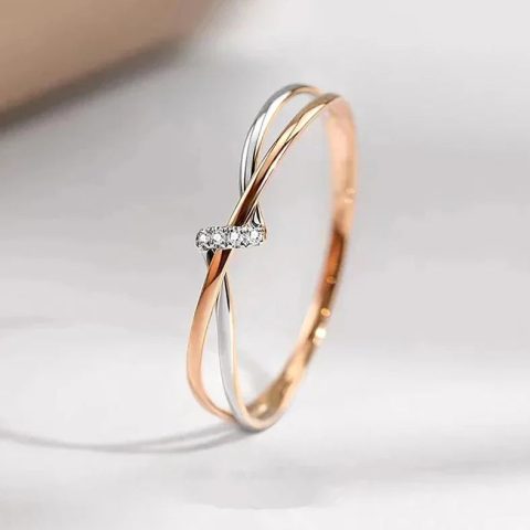 Two Tone Rose-gold-tone Twist Sparkling Round Crystal-look Rings for Bridal Engagement for Women