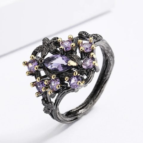 Antique Jewelry Black Plated Purple Crystal-look Hollowed Out Ring for Women