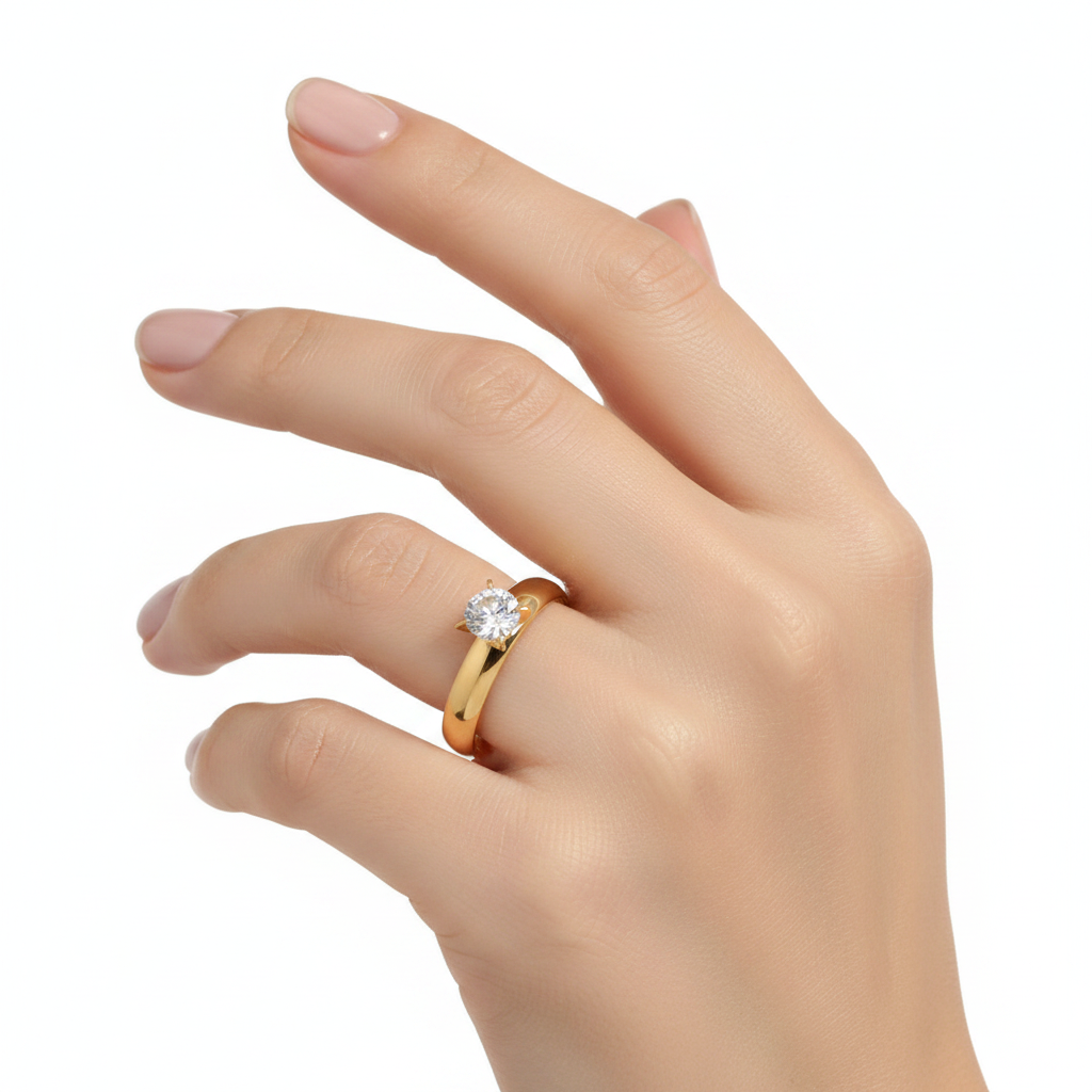 Four Claw Crystal-look Smooth Ring Gold-color Plated Two-piece