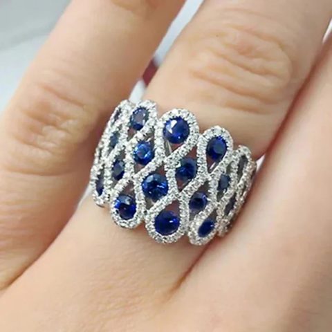 Dainty Geometric Hollow Design Inlaid Blue Crystal-look Wide Rings for Women Engagement Silver Color Plated Jewelry Rings