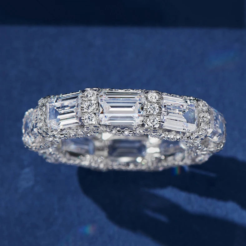 Princess Cut Sparkling Silver-tone Crystal Crystal-look Eternity Band Rings for Women