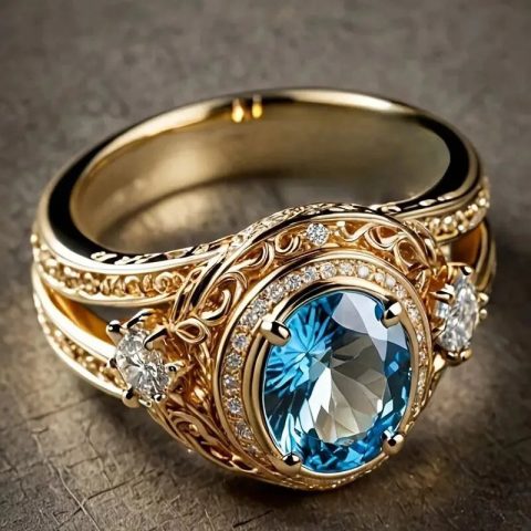 Luxury Oval Shaped Blue Sparkling Crystal-look Pattern Hollow Design Gold Color Plated Rings for Women Wedding CZ Rings Jewelry