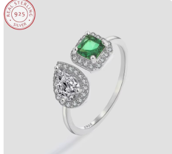 Genuine Silver-tone Adjustable Ring Green Crystal-look Crystal New Creative Oval Cut