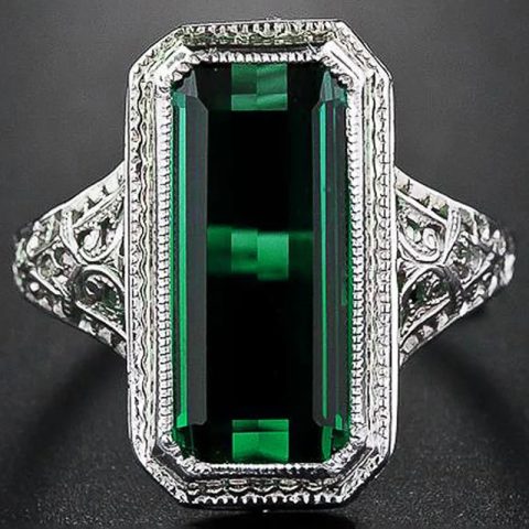 Rectangle Shaped Princess Cut Green Crystal Pattern Hollow Crystal-look Rings for Women