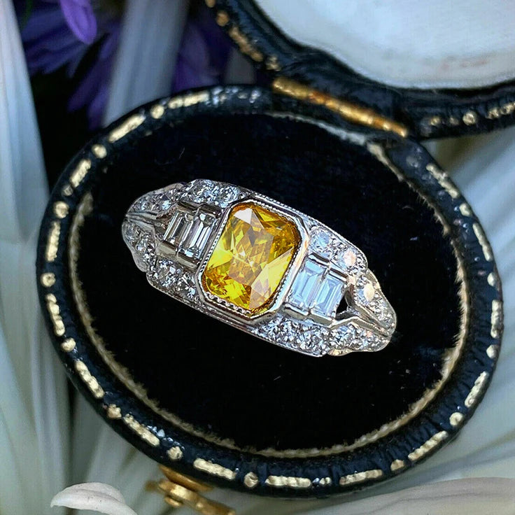Silver-tone Dazzling Yellow Crystal Crystal-look Engagement Wedding Rings for Women