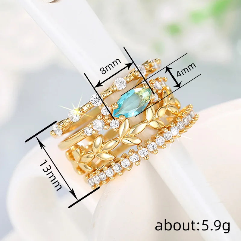 4Pcs Set Blue Crystal Crystal-look Gold-tone Rings
