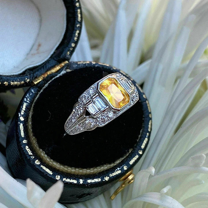 Silver-tone Dazzling Yellow Crystal Crystal-look Engagement Wedding Rings for Women