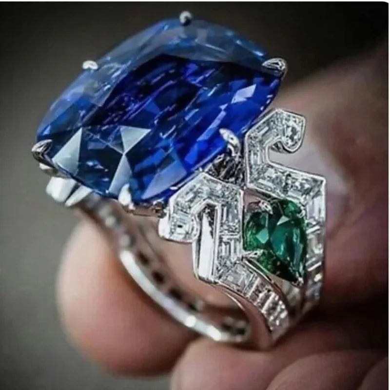 Silver-tone Blue Crystal Crystal-look Vintage Style Cushion Cut Sparkling Rings for Women