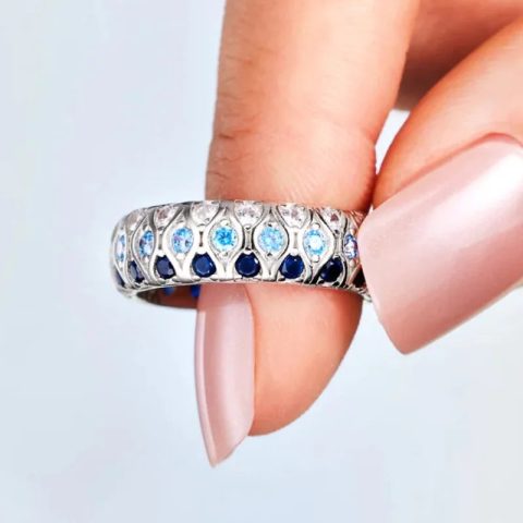 Circle Design White/Blue/Sea Blue Shiny Crystal-look Eternity Band Rings for Bridal Wedding Silver-tone