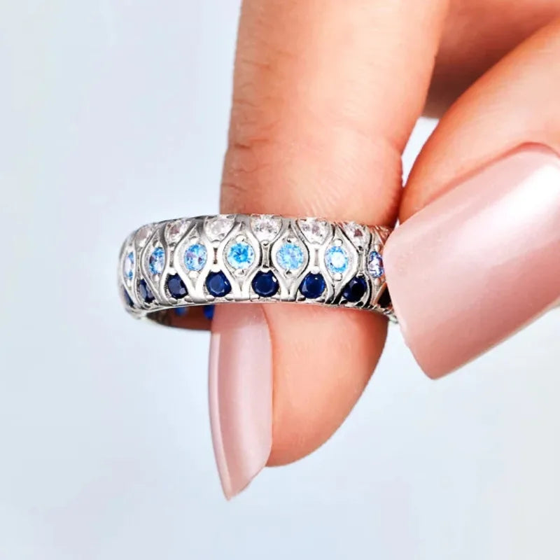 Circle Design White/Blue/Sea Blue Shiny Crystal-look Eternity Band Rings for Bridal Wedding Silver-tone
