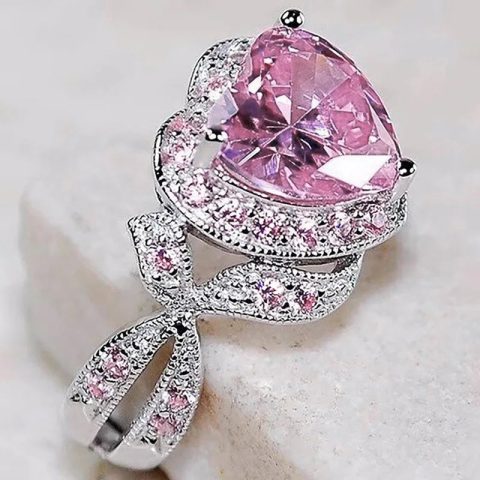 Elegant Butterfly Knot Design Heart Shaped Dazzling Pink Crystal Crystal-look Ring for Women