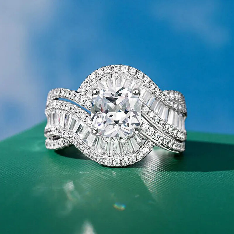 Silver-tone Twist Design Brilliant Round Crystal-look Rings for Women Wedding Engagement