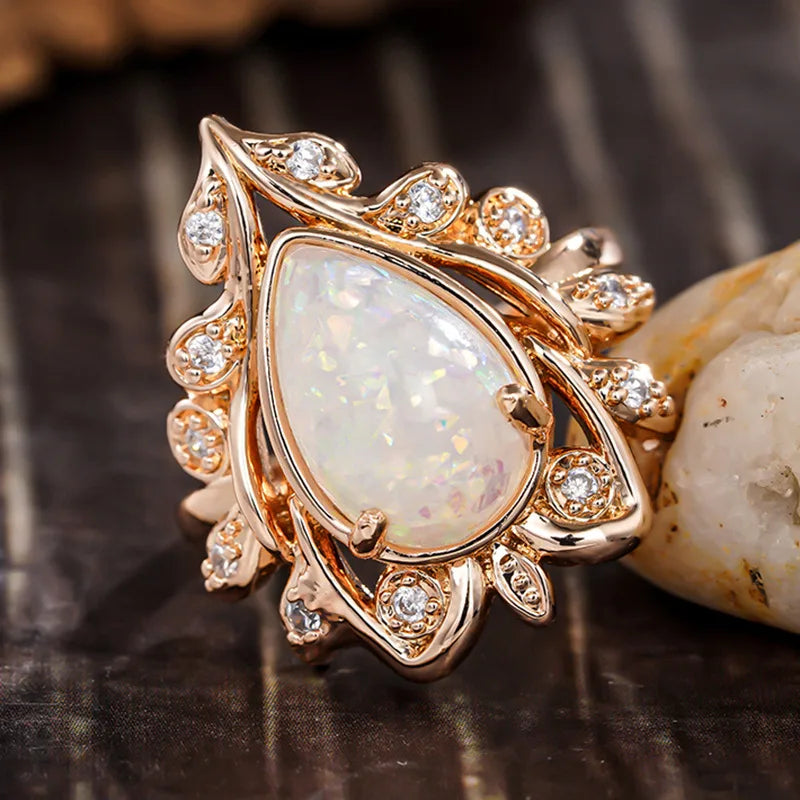 Champagne Gold-tone Crystal-look Rings Marquise Cut Pear Shaped Opal-look Rings for Women Wedding